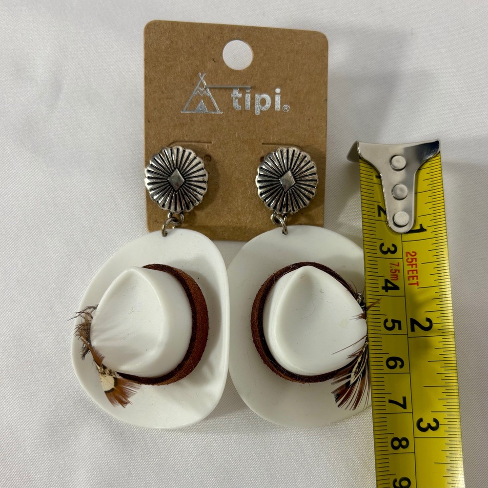 Tipi White Cowboy Hat Earrings Turquoise Feather Western Boho Jewelry - Picture 7 of 7